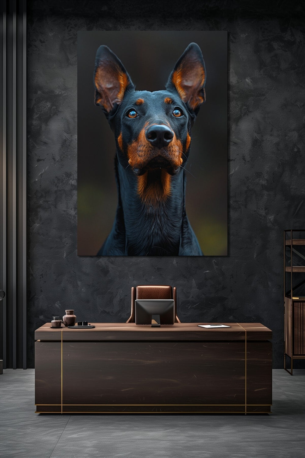 Doberman Köpek Baskılı Cam Tablo – Modern ve Karizmatik Hayvan Temalı Duvar Dekoru