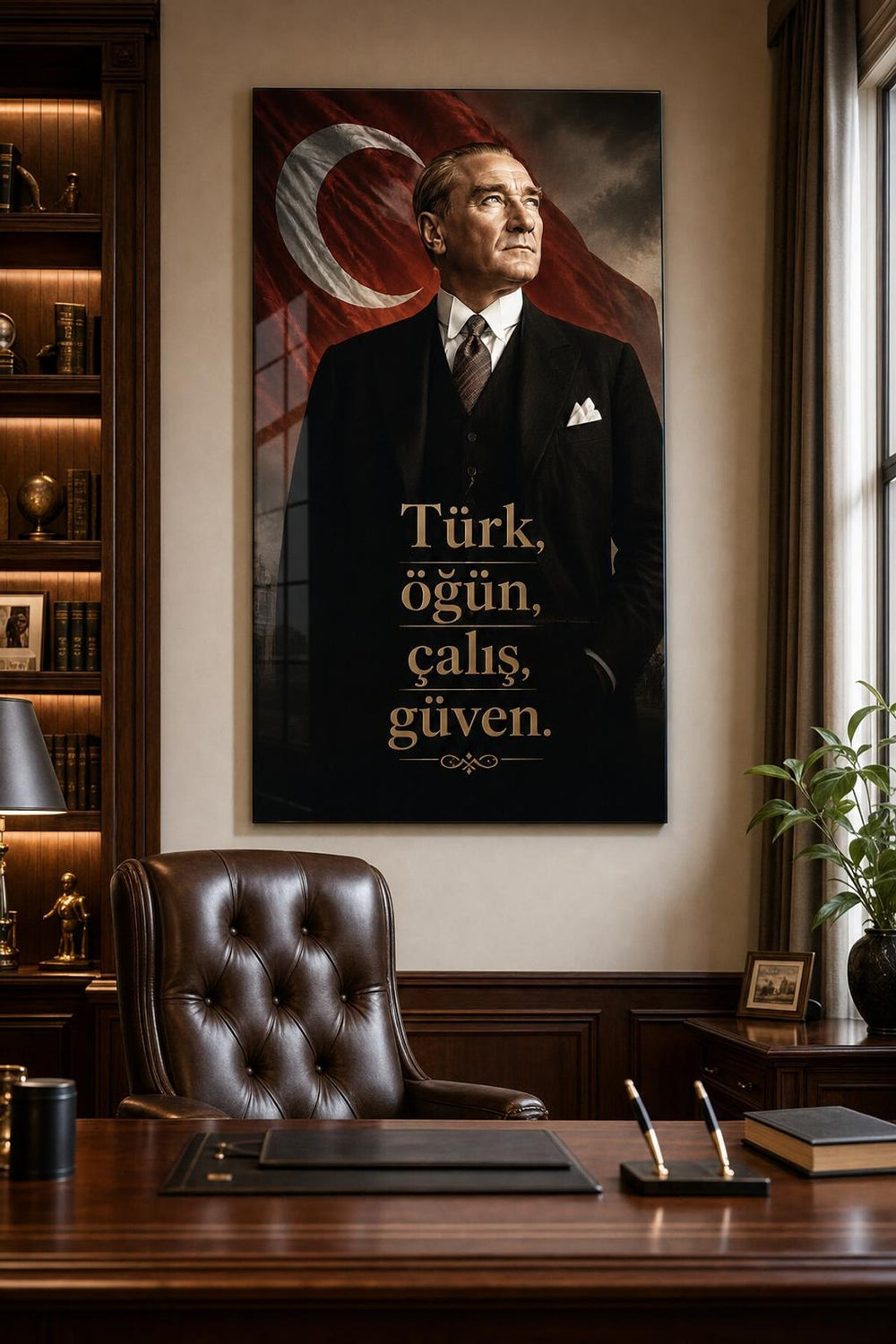Atatürk Türk Öğün Çalış Güven Baskılı Cam Tablo – UV Baskı Dekoratif Duvar Tablosu