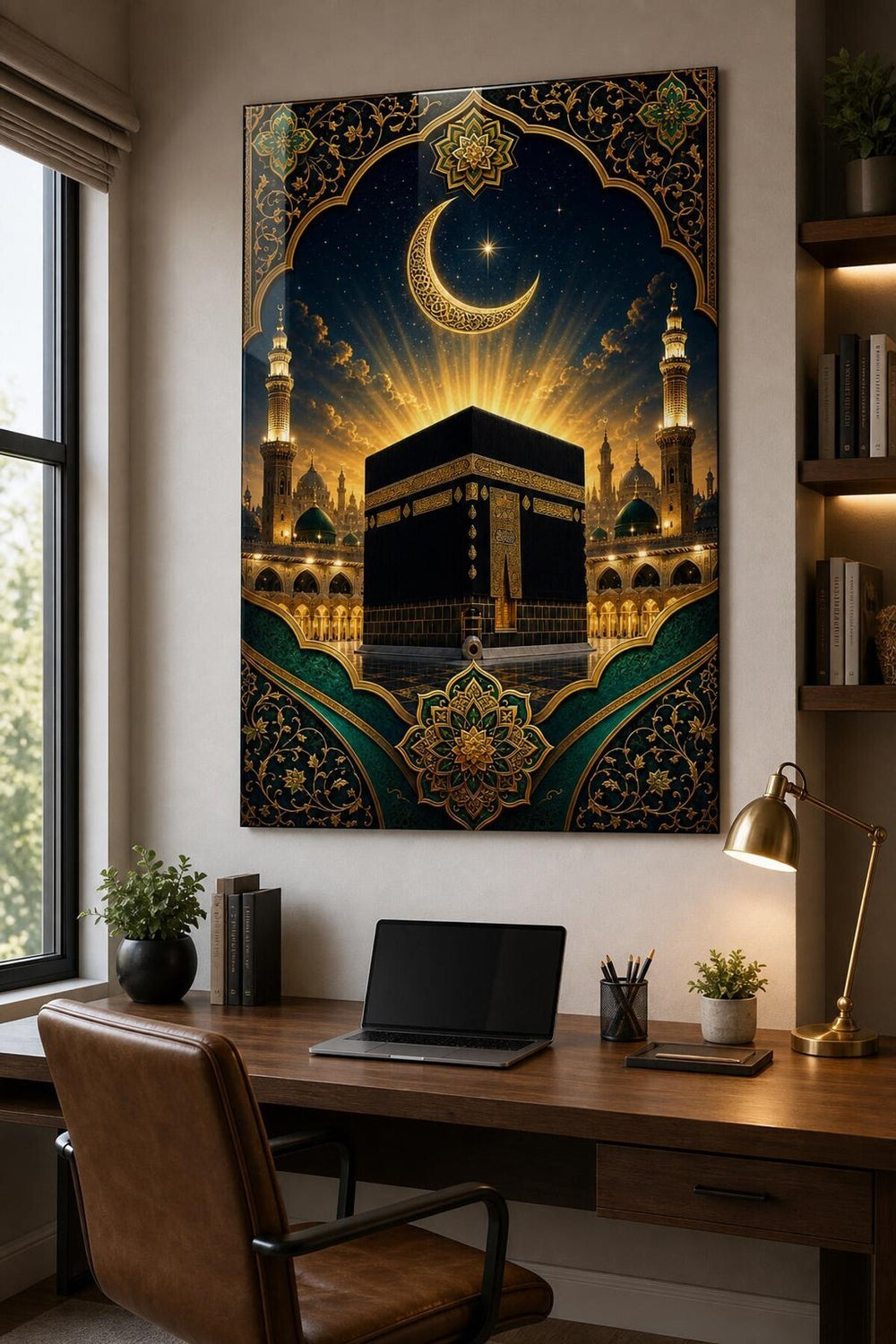 Kabe ve Hilal Desenli Baskılı Cam Tablo – UV Baskı Dini Dekoratif Duvar Tablosu