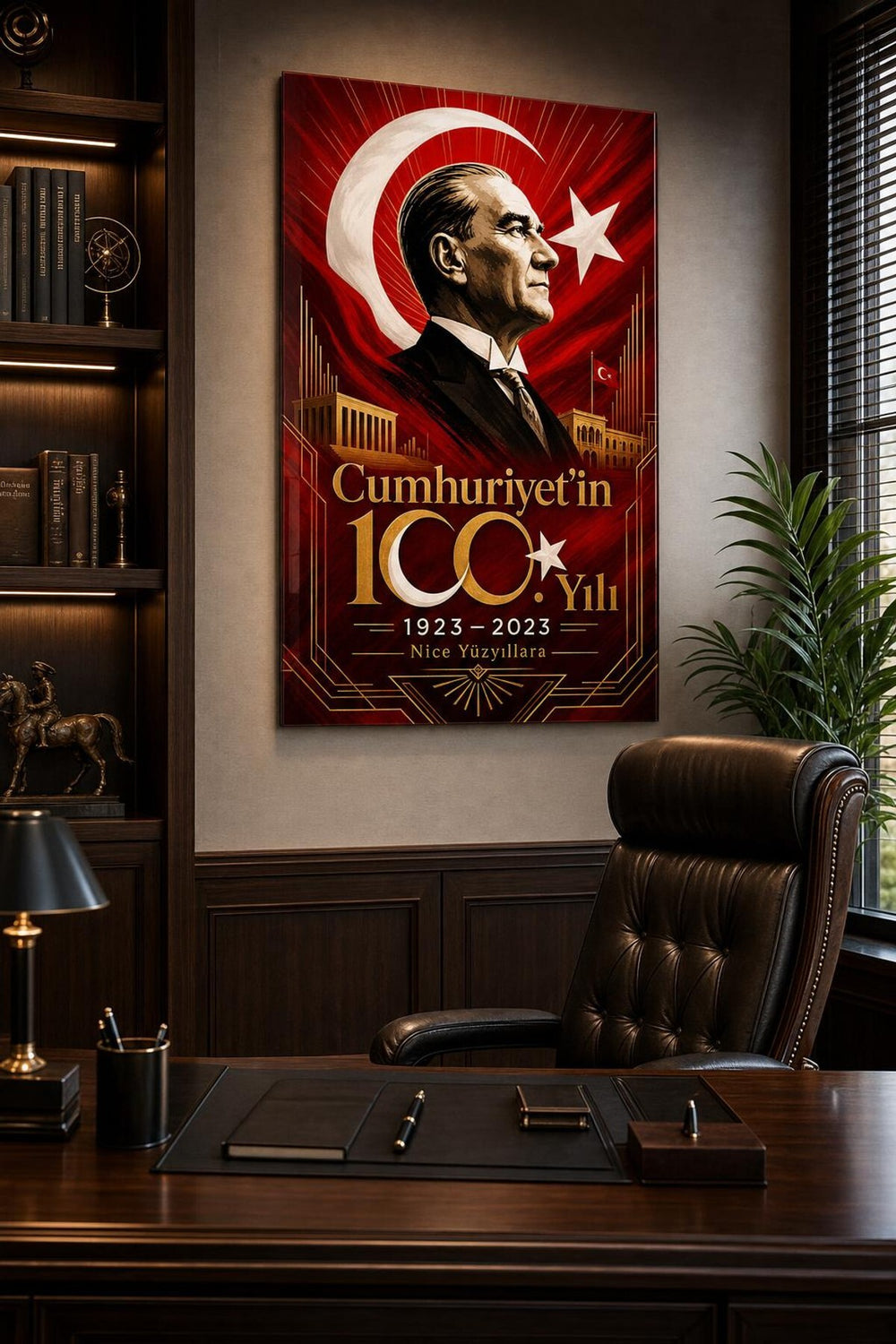 Atatürk ve Cumhuriyet 100. Yıl Baskılı Cam Tablo – UV Baskı Türk Bayrağı Dekoru