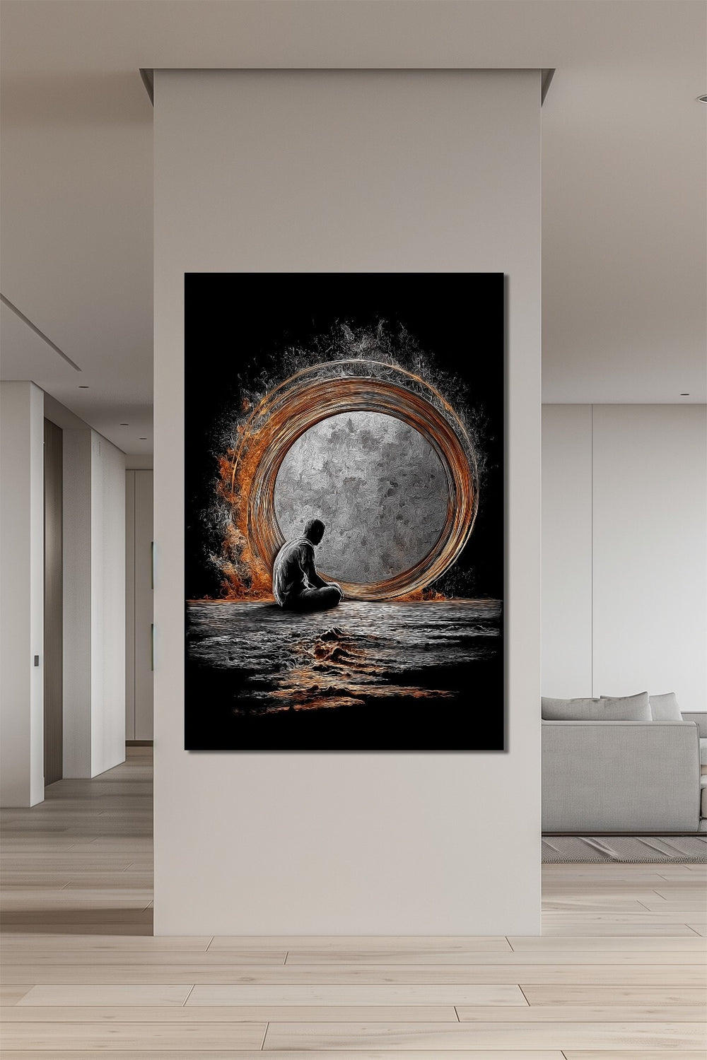Meditasyon Halka Enerji Baskılı Cam Tablo – Soyut Işık Çemberi Modern Duvar Dekoru