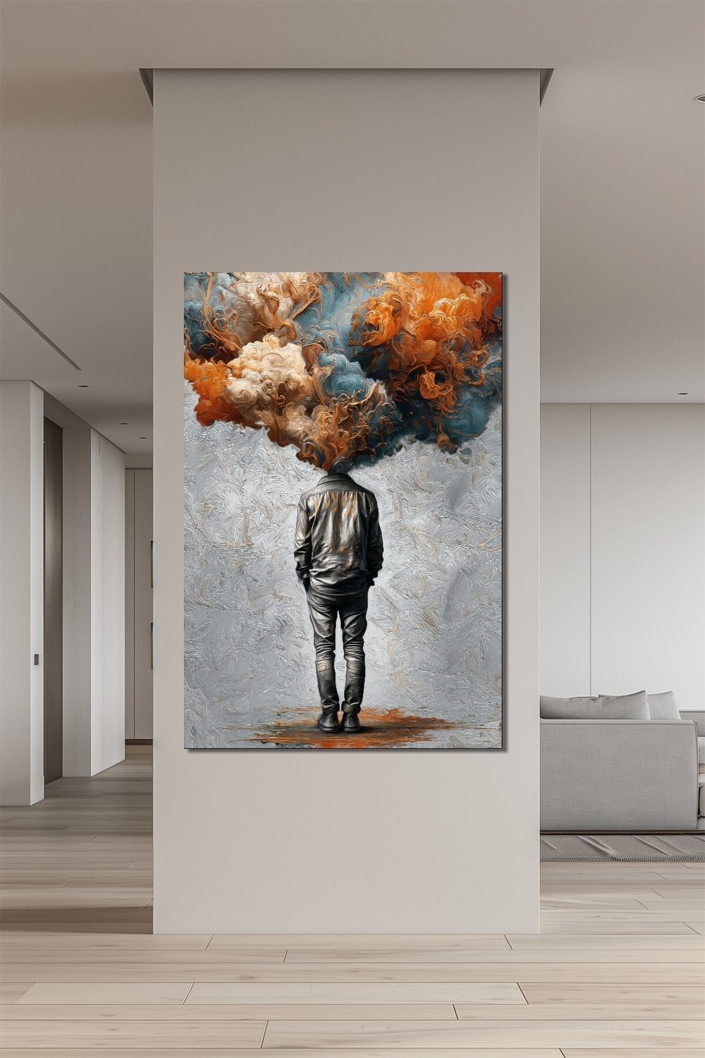 Soyut Duman Başlı Adam Baskılı Cam Tablo – Turuncu Mavi Modern Sanat Duvar Dekoru