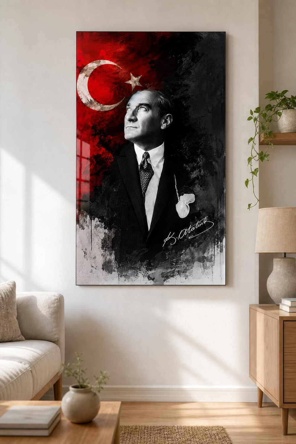 Atatürk Kırmızı Siyah Modern Baskılı Cam Tablo – UV Baskı Dekoratif Duvar Tablosu