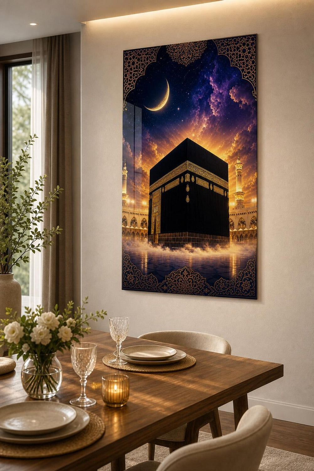 Hilalli Gece Kabe Baskılı Cam Tablo – UV Baskı Manevi Dekoratif Duvar Tablosu