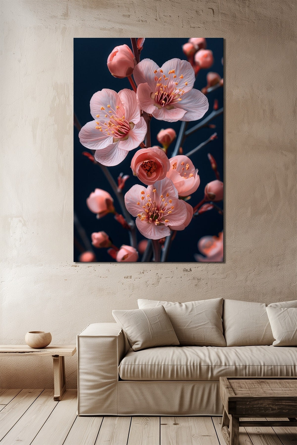 Pembe Çiçek Baskılı Cam Tablo – Sakura Dalı Desenli Dekoratif Duvar Tablosu
