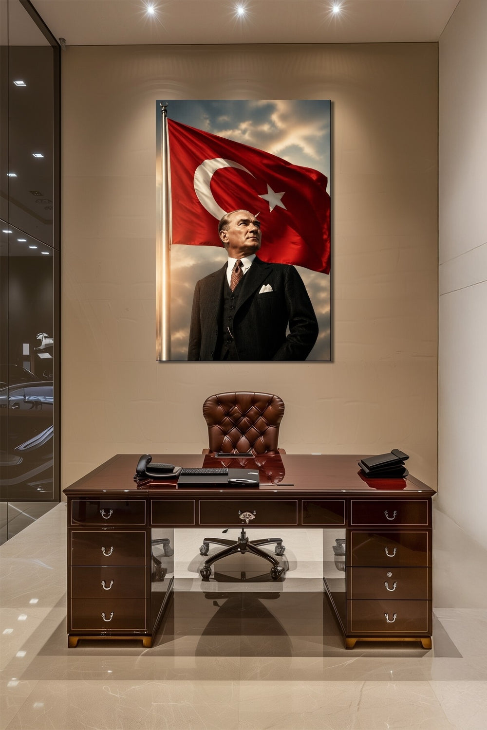 Atatürk Türk Bayrağı Baskılı Cam Tablo – Milli Temalı Prestij UV Baskı Duvar Dekoru
