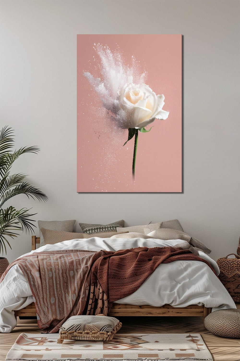 Beyaz Gül Pudra Arka Plan Baskılı Cam Tablo – Minimal Çiçek Sanatı UV Baskı