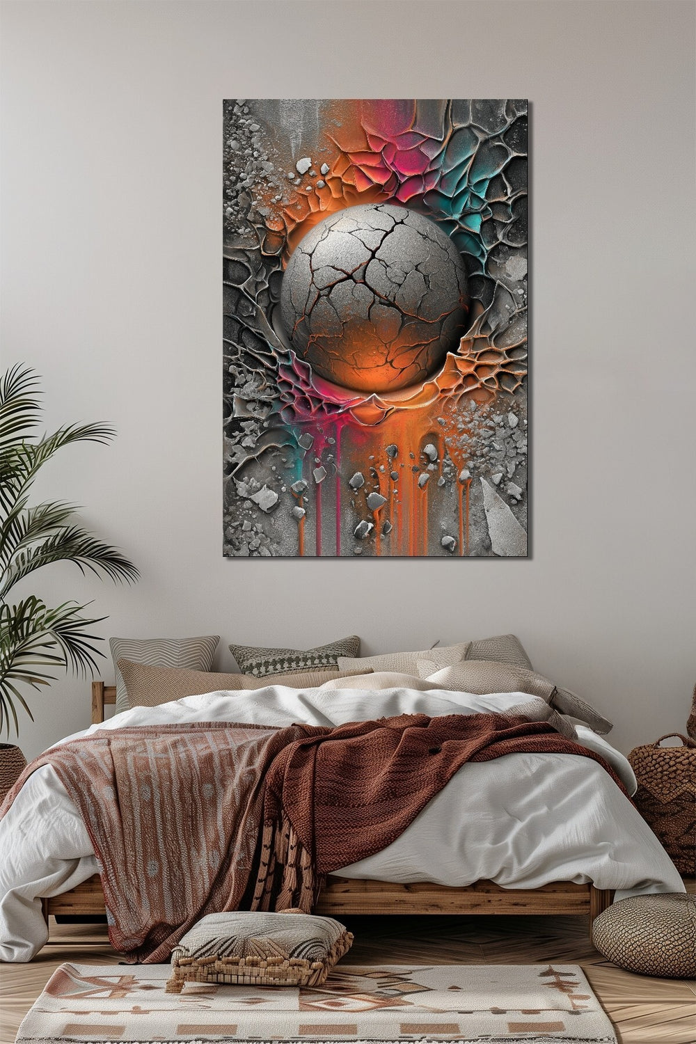 Çatlak Küre Baskılı Cam Tablo – Soyut Renk Geçişli Modern Duvar Dekoru