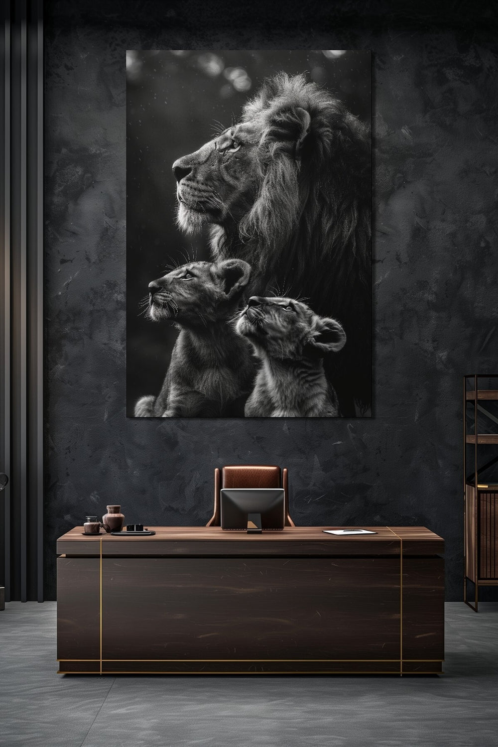 Aslan Ailesi Baskılı Cam Tablo – Siyah Beyaz Modern Hayvan Temalı UV Baskı Duvar Dekoru