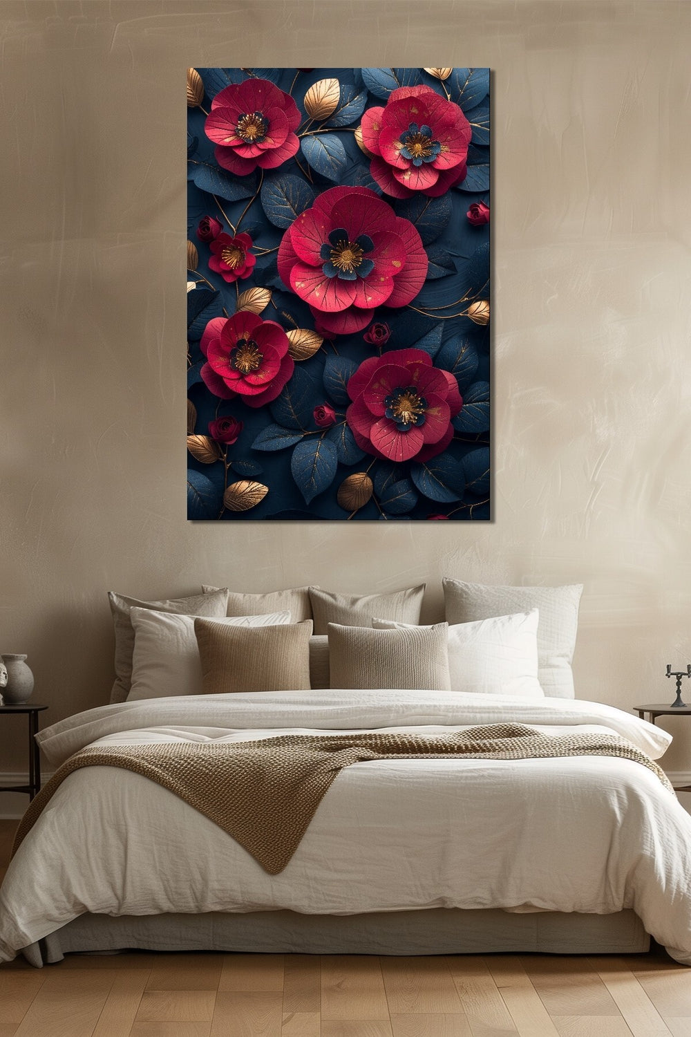 Çiçek Baskılı Cam Tablo – Kırmızı ve Lacivert 3D Floral Dekoratif Duvar Tablosu