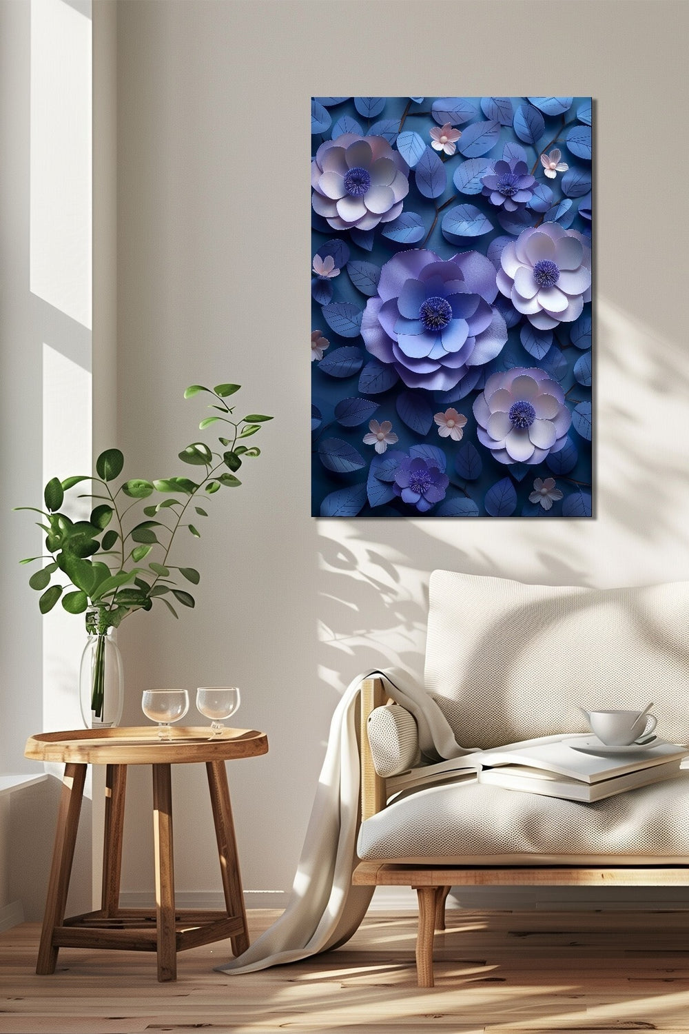 Çiçek Baskılı Cam Tablo – Mavi Mor Tonlu 3D Floral Dekoratif Duvar Tablosu