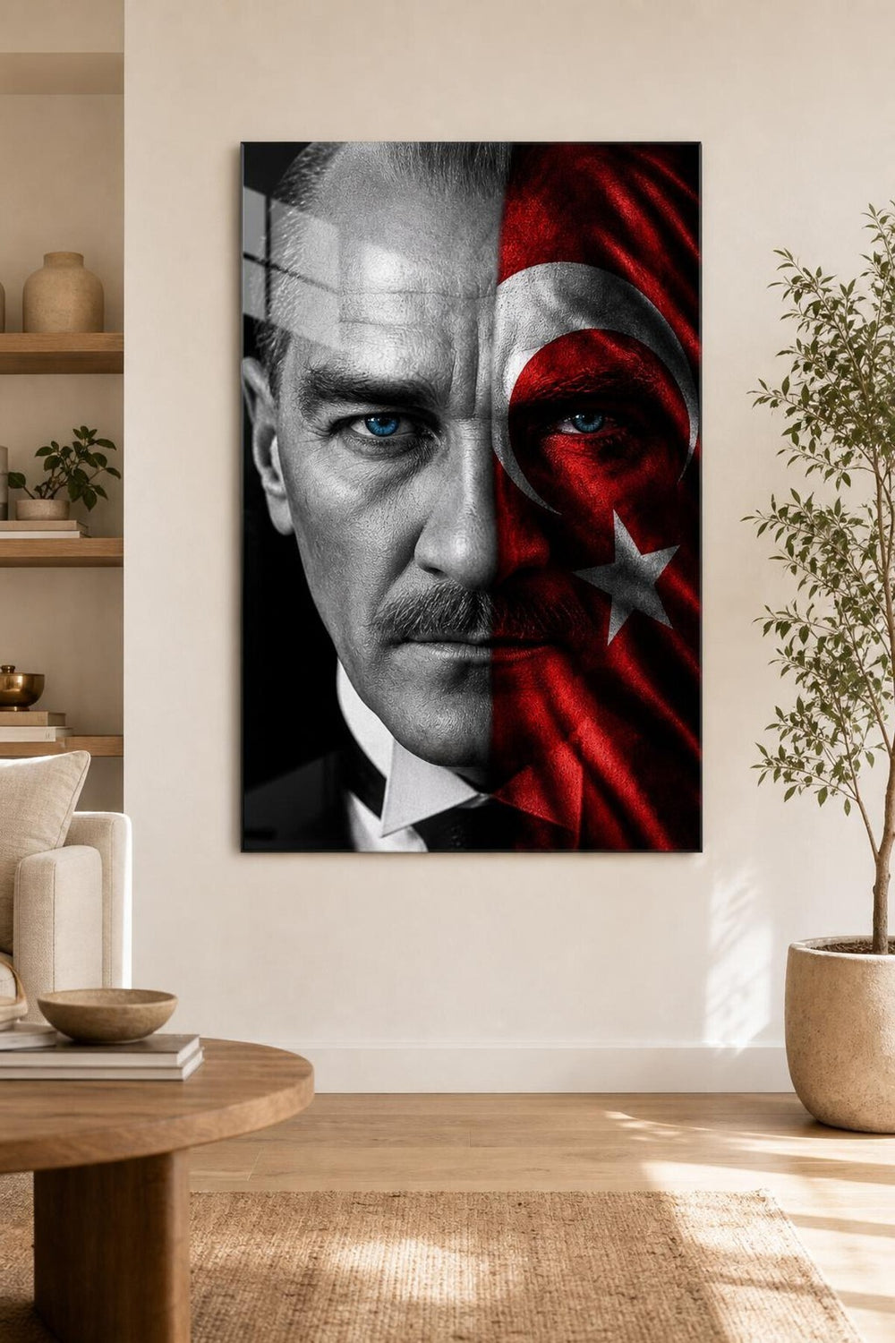 Atatürk Yarım Yüz Bayrak Baskılı Cam Tablo – UV Baskı Dekoratif Duvar Tablosu