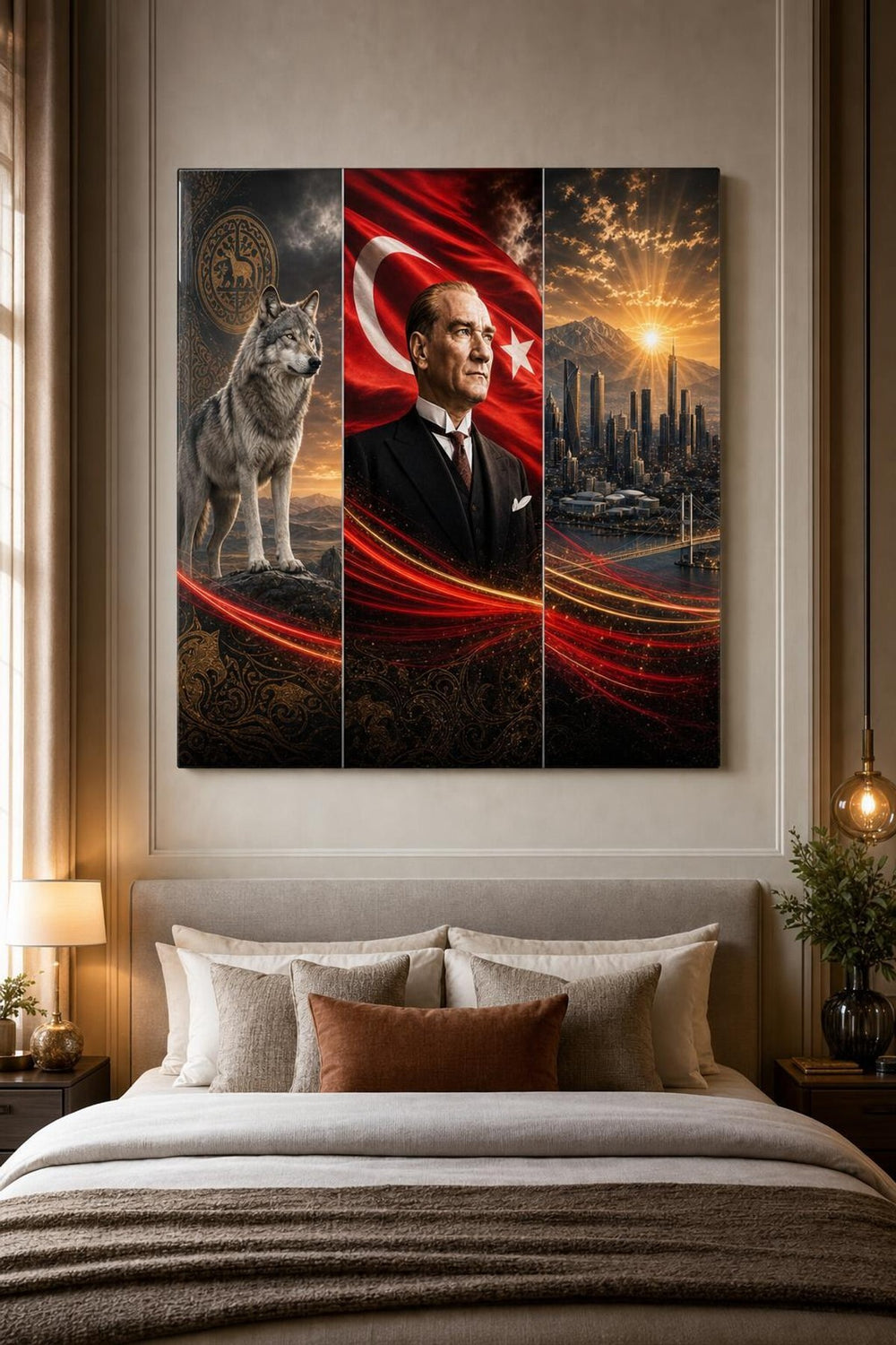 Atatürk Türk Bayrağı Bozkurt Baskılı Cam Tablo – UV Baskı Dekoratif Duvar Tablosu
