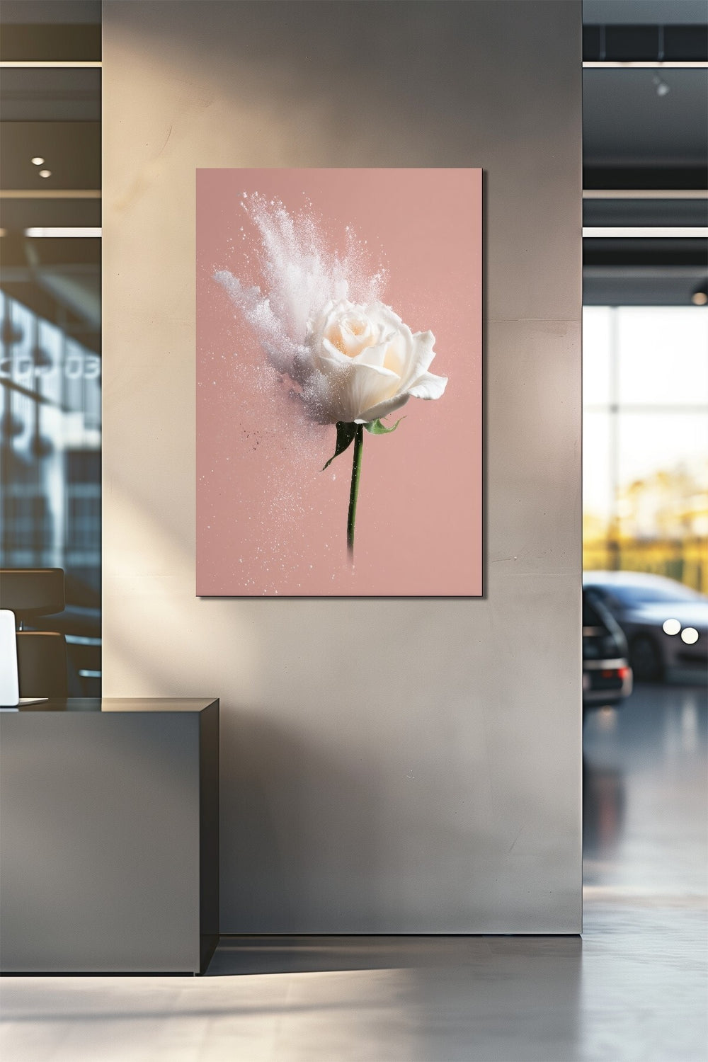 Beyaz Gül Pudra Arka Plan Baskılı Cam Tablo – Minimal Çiçek Sanatı UV Baskı