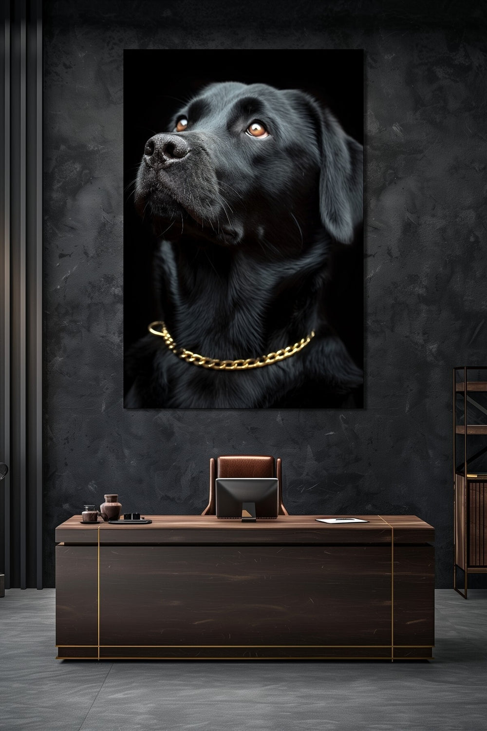 Siyah Köpek Baskılı Cam Tablo – Gold Zincir Detaylı Modern ve Şık Duvar Dekoru