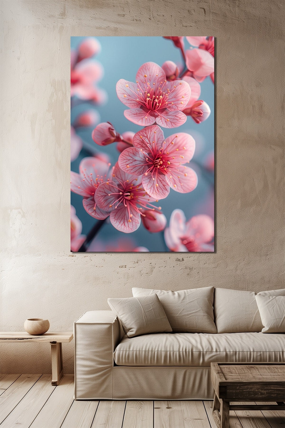 Sakura Çiçeği Baskılı Cam Tablo – Pembe Çiçek Desenli Modern Duvar Tablosu