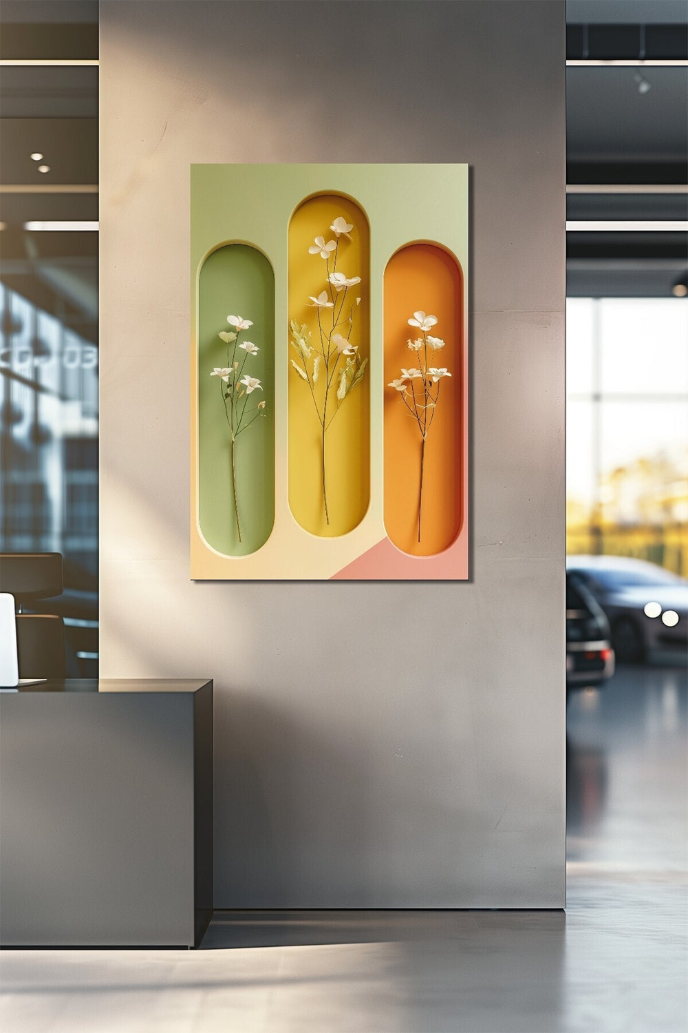 Minimalist Çiçek Baskılı Cam Tablo – Renkli Niş Tasarımlı Modern Dekoratif Duvar Tablosu