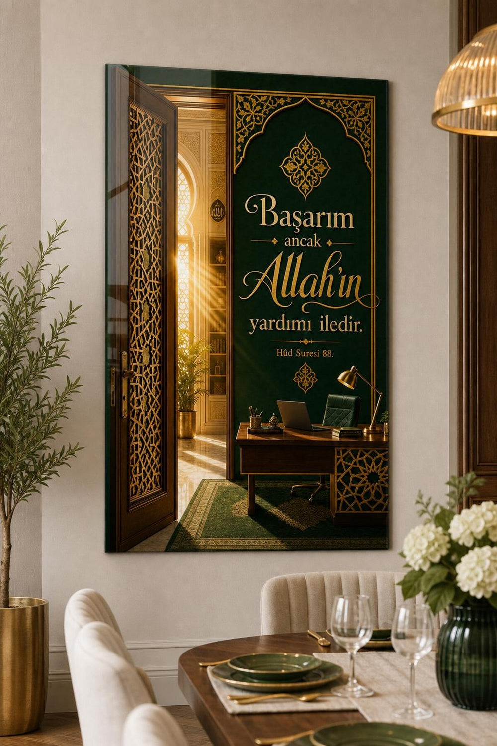Allah’ın Yardımı Sözlü Baskılı Cam Tablo – Manevi Dini UV Baskı Duvar Tablosu