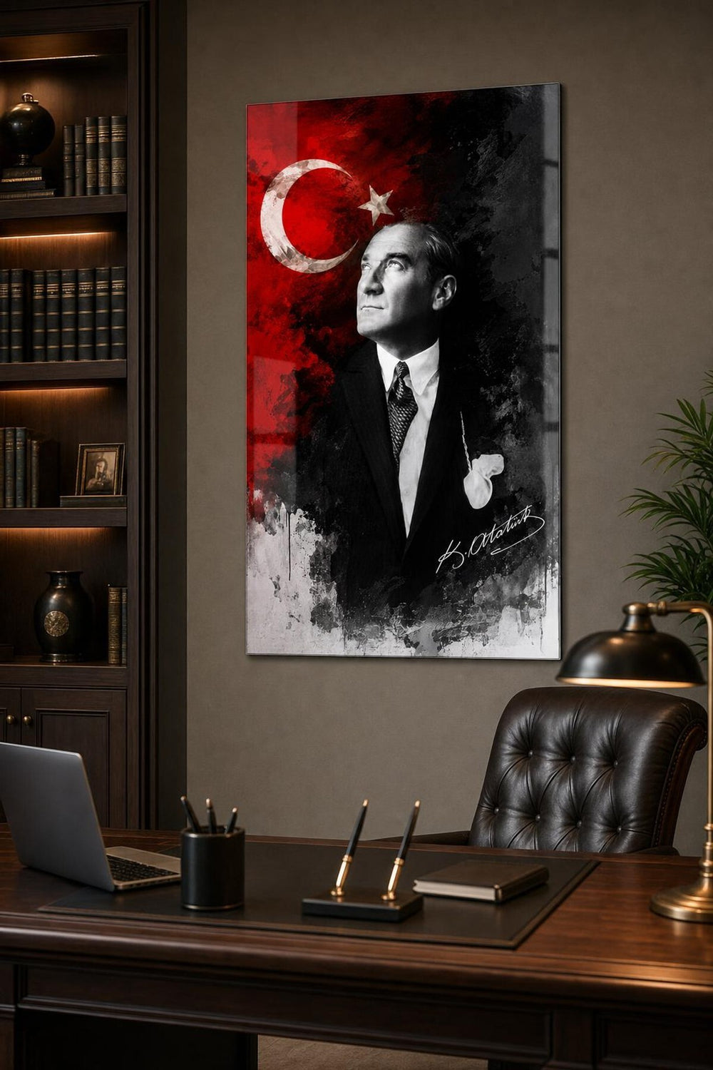 Atatürk Kırmızı Siyah Modern Baskılı Cam Tablo – UV Baskı Dekoratif Duvar Tablosu