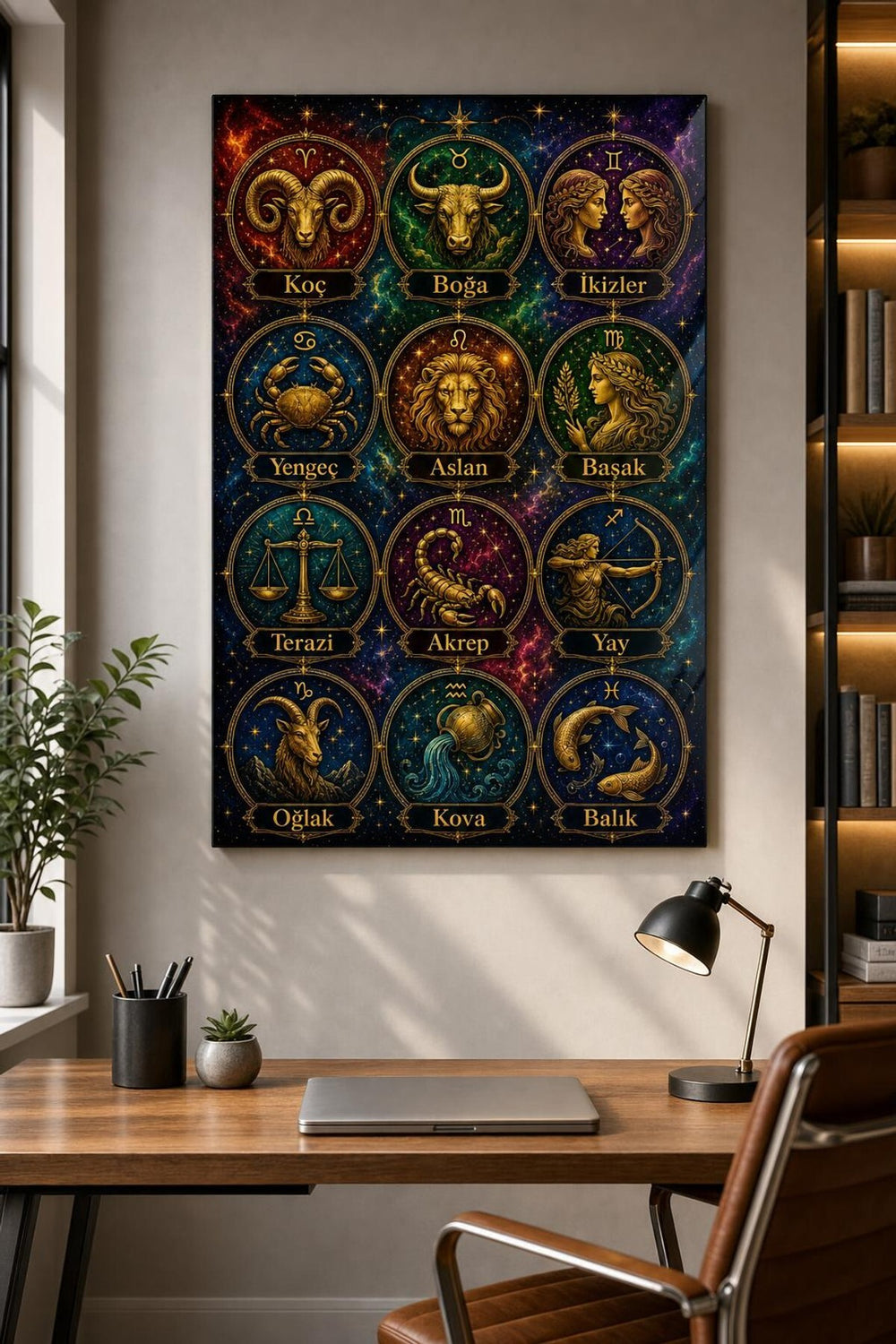Burçlar Desenli Baskılı Cam Tablo – UV Baskı Astroloji Dekoratif Duvar Tablosu