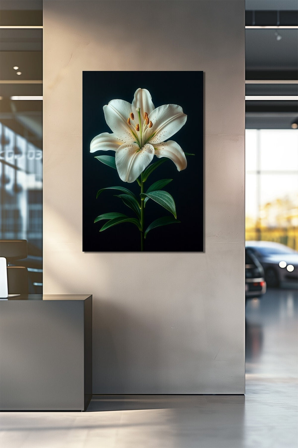 Zambak Çiçeği Baskılı Cam Tablo – Beyaz Lilyum Minimalist Dekoratif Duvar Tablosu