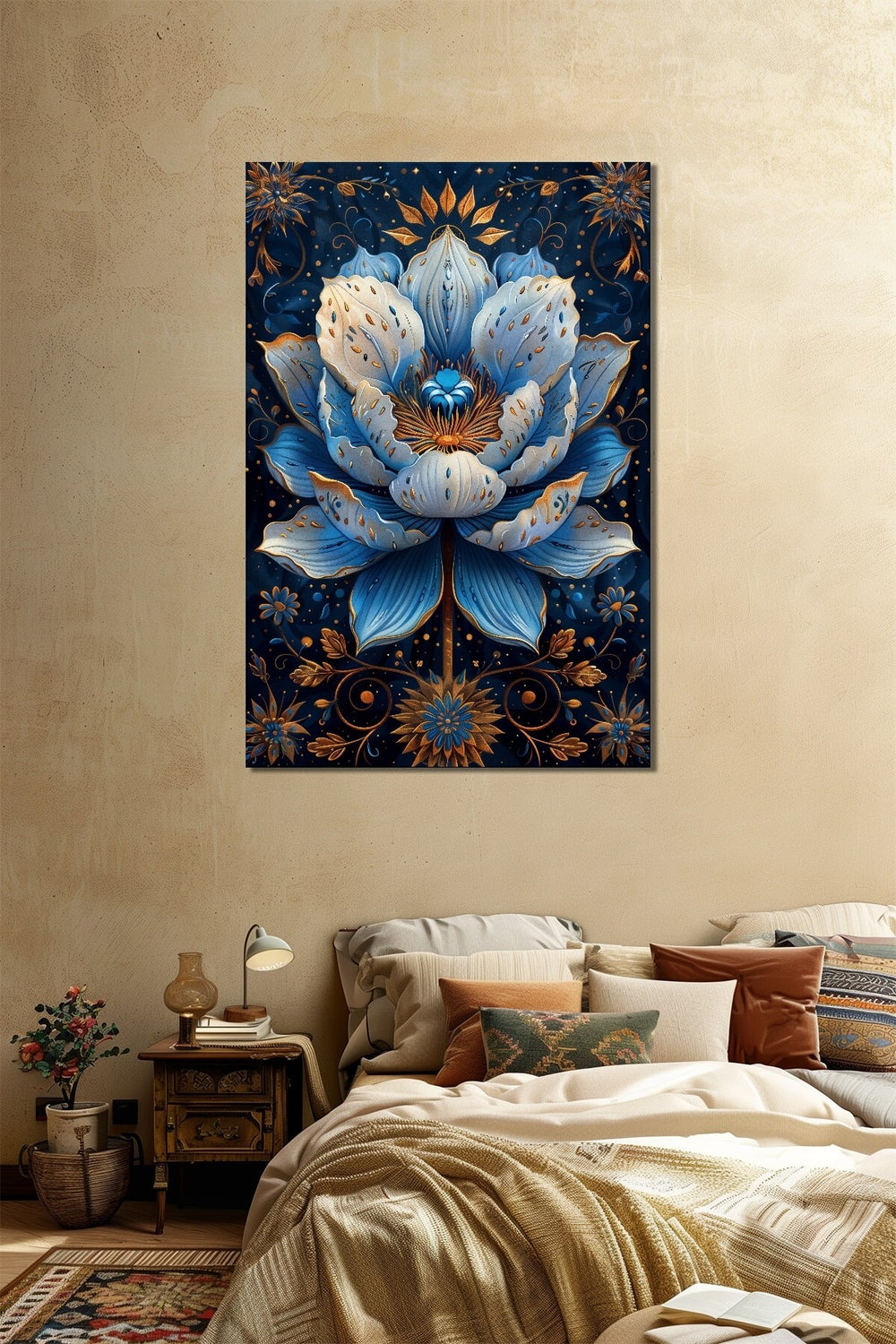 Mavi Çiçek Baskılı Cam Tablo – Altın Detaylı Lotus Desenli Dekoratif Duvar Tablosu