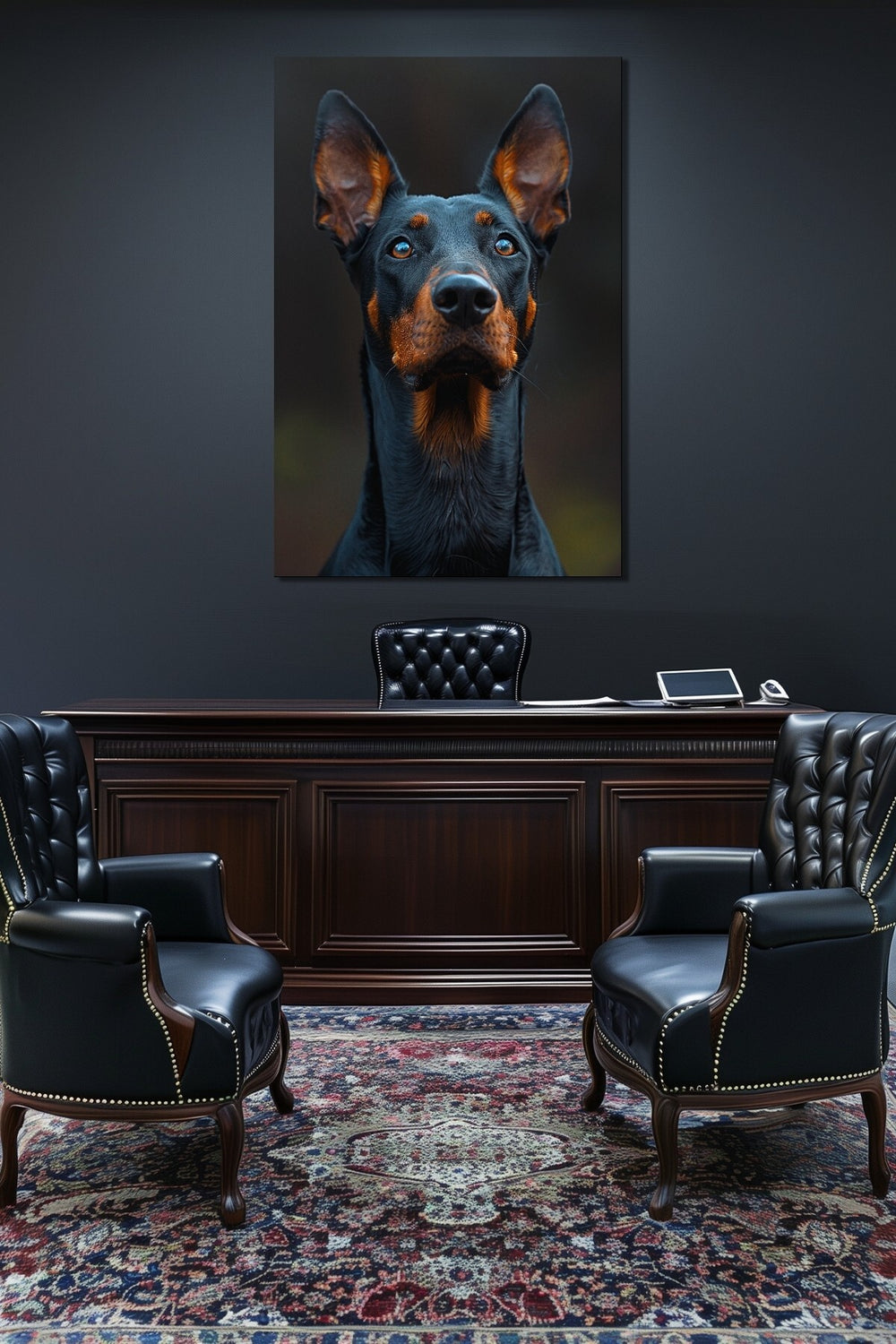 Doberman Köpek Baskılı Cam Tablo – Modern ve Karizmatik Hayvan Temalı Duvar Dekoru