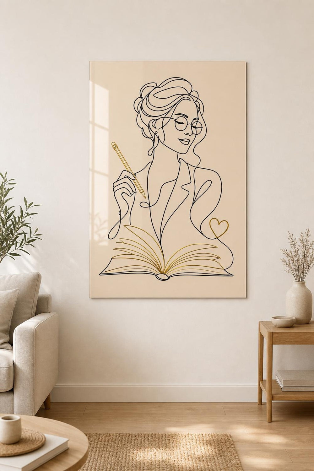 Kitap Okuyan Kadın Baskılı Cam Tablo – Minimalist Çizgi Sanatı UV Baskı
