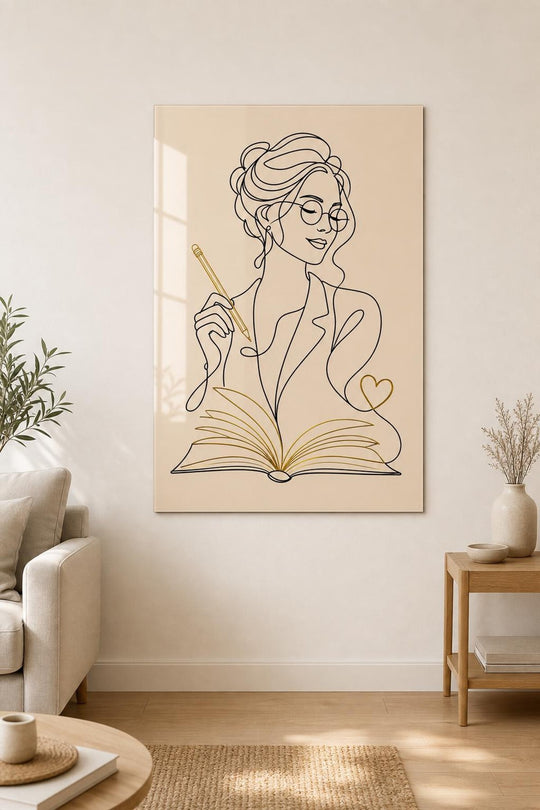 Kitap Okuyan Kadın Baskılı Cam Tablo – Minimalist Çizgi Sanatı UV Baskı