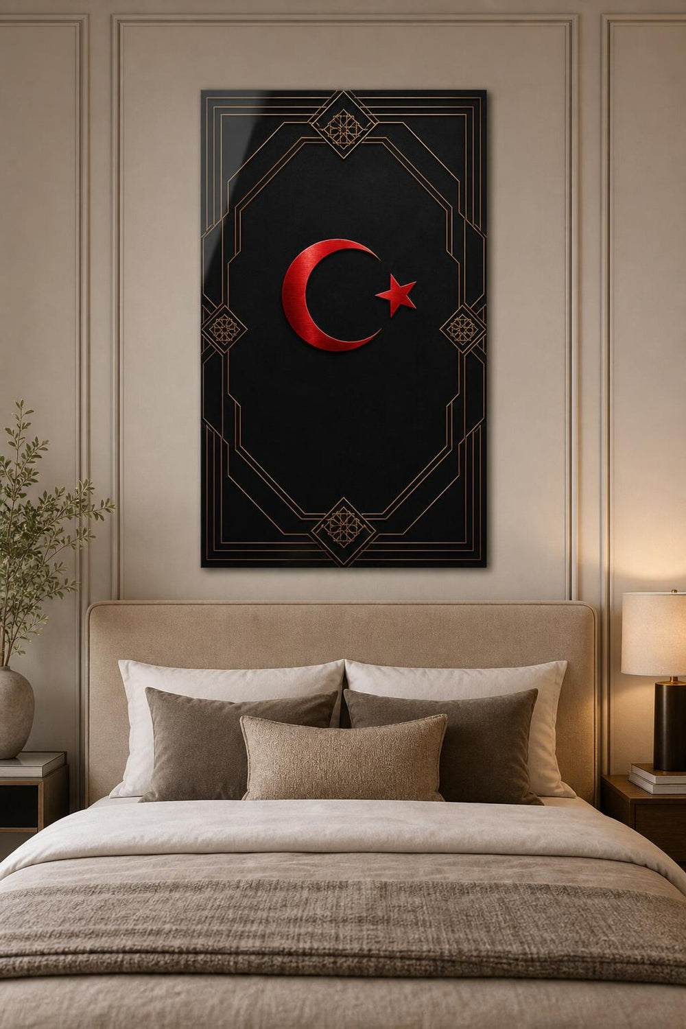 Türk Bayrağı Desenli Baskılı Cam Tablo – Siyah Gold Modern Duvar Dekoru — görsel 3