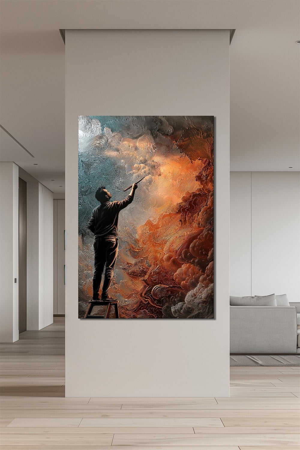 Soyut Ressam Baskılı Cam Tablo – Sanatsal Fırça Dokulu Modern Duvar Dekoru