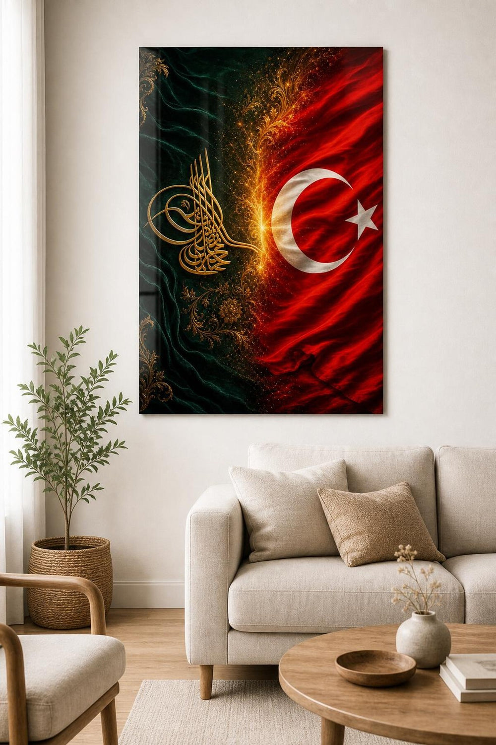 Osmanlı Tuğrası Türk Bayrağı Baskılı Cam Tablo – UV Baskı Dekoratif Duvar Tablosu