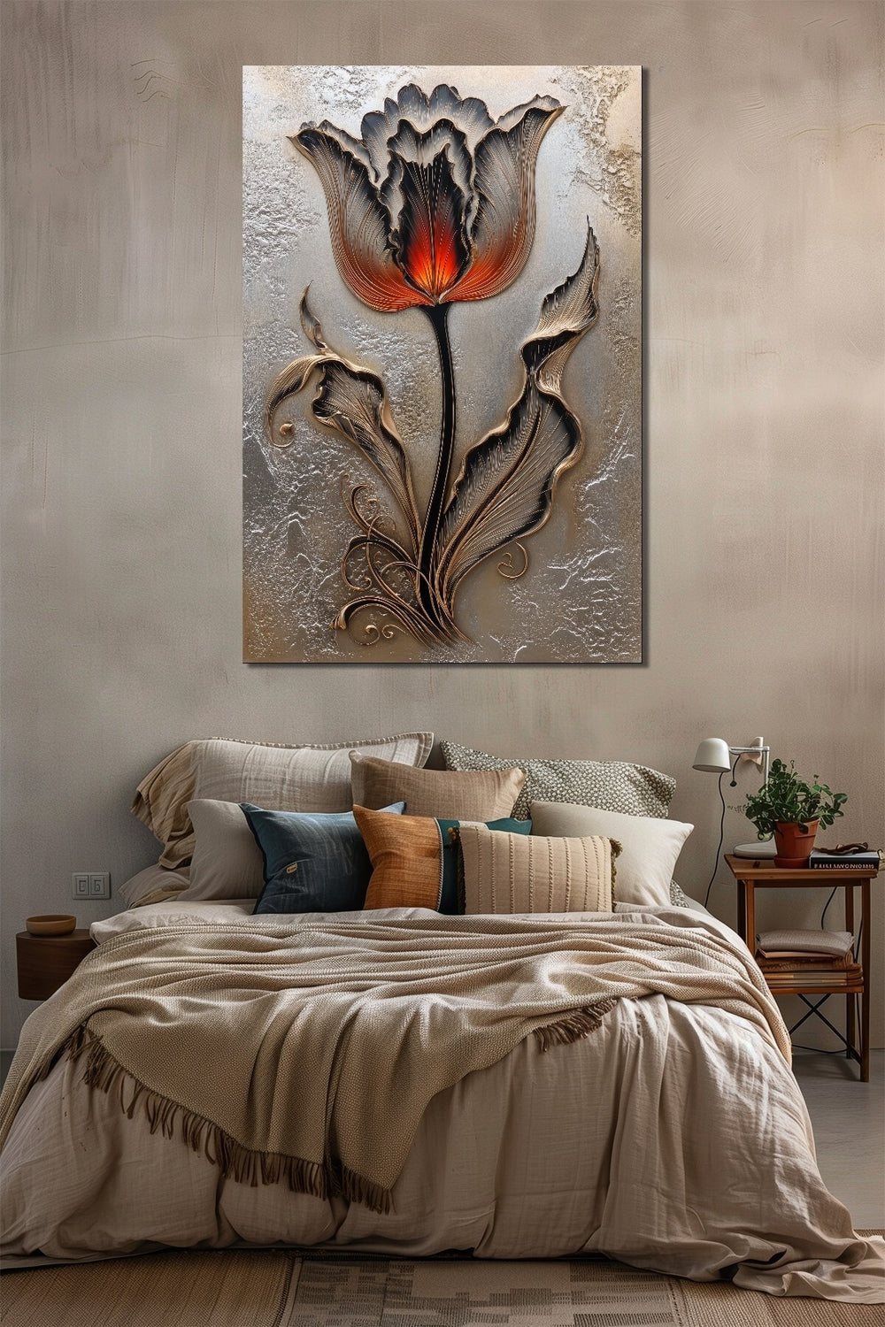 Lale Çiçeği Baskılı Cam Tablo – Kabartma Efektli Modern Floral Duvar Dekoru