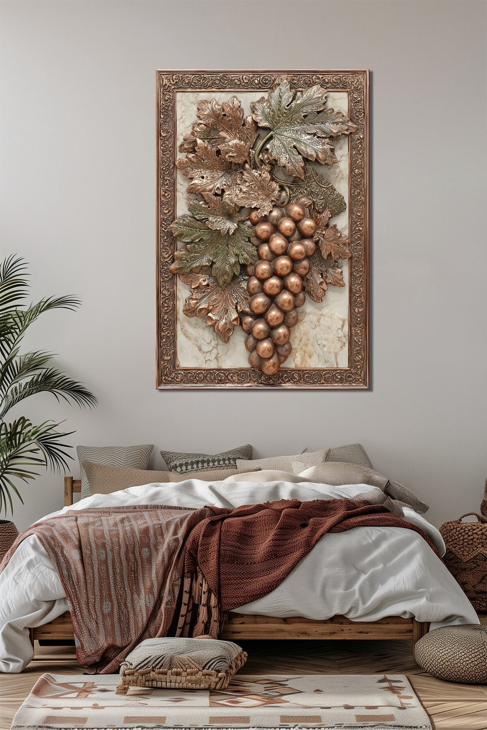 Çerçeveli Üzüm Desenli Baskılı Cam Tablo – Vintage Meyve Temalı UV Baskı Dekoratif Duvar Tablosu