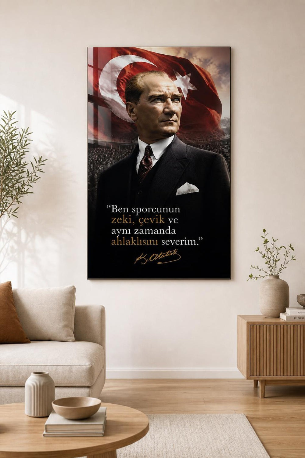 Atatürk Sporcu Sözlü Baskılı Cam Tablo – UV Baskı Dekoratif Duvar Tablosu