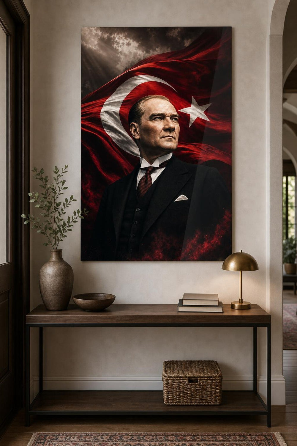 Atatürk Dalgalanan Bayrak Portre Baskılı Cam Tablo – UV Baskı Dekoratif Duvar Tablosu