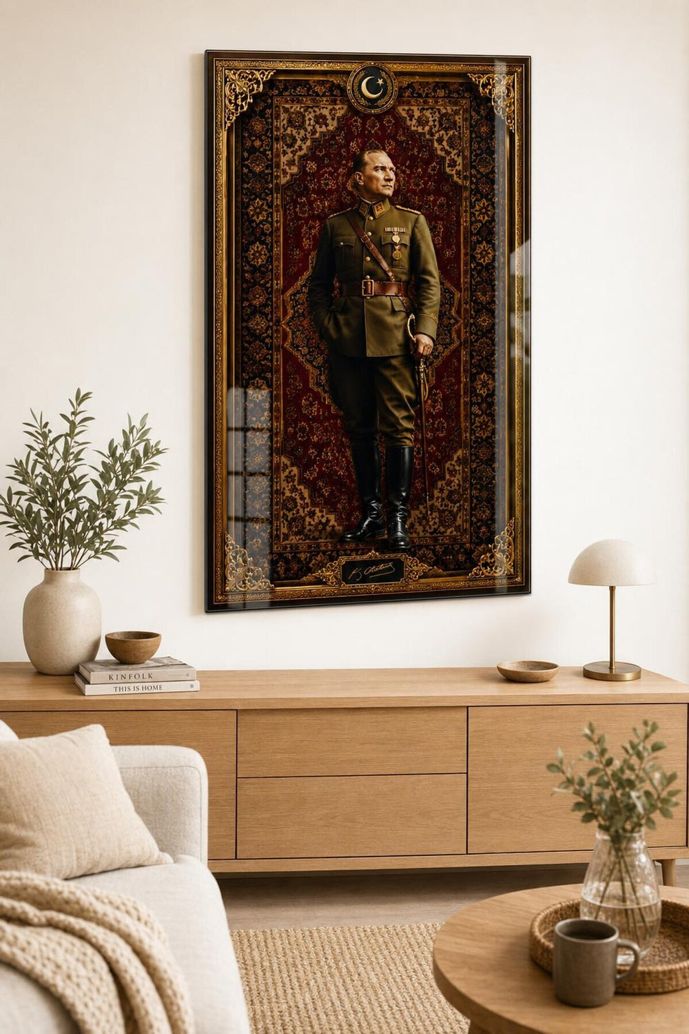 Atatürk Portre Baskılı Cam Tablo – Osmanlı Motifli UV Baskı Duvar Dekoru