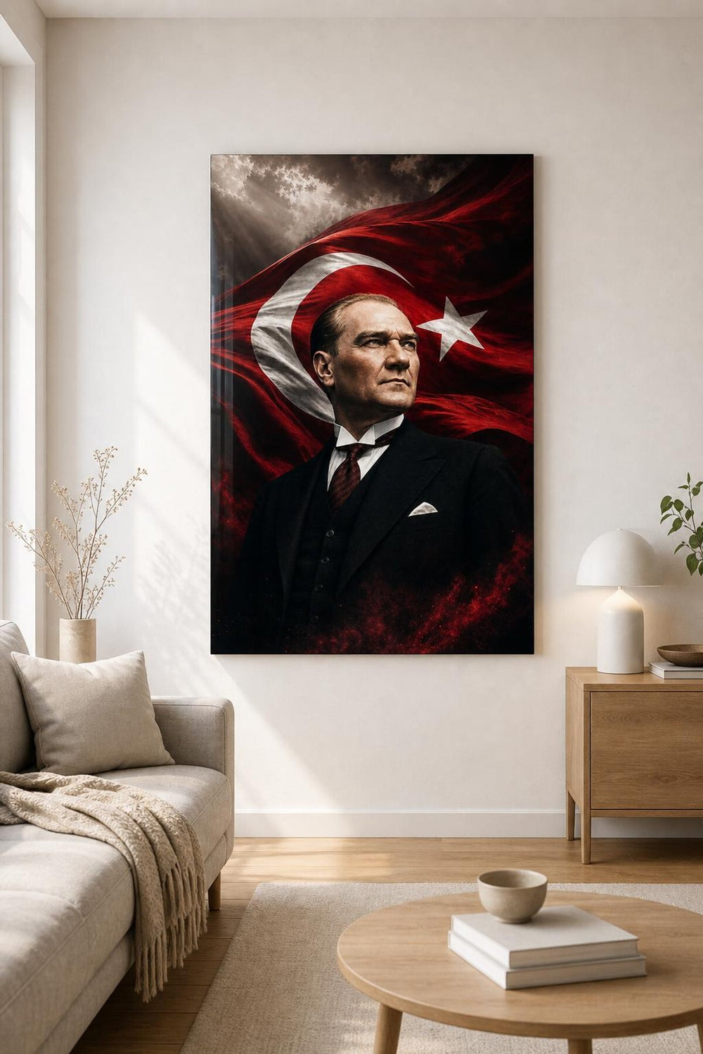Atatürk Dalgalanan Bayrak Portre Baskılı Cam Tablo – UV Baskı Dekoratif Duvar Tablosu