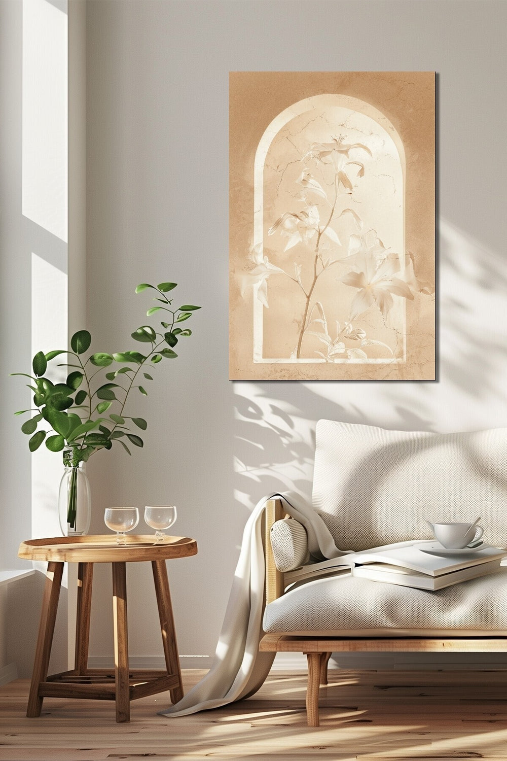 Lilyum Çiçeği Baskılı Cam Tablo – Bej Tonlu Minimalist Niş Tasarım Duvar Dekoru