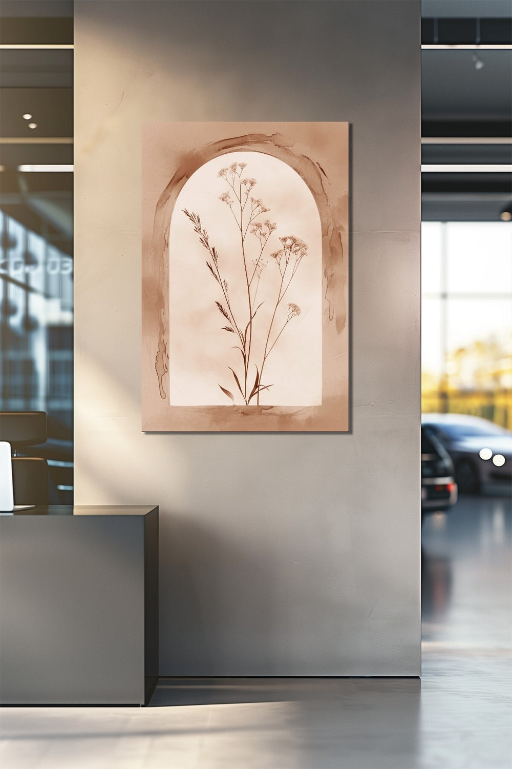 Minimalist Bitki Baskılı Cam Tablo – Bej Tonlu Niş Tasarım Modern Duvar Dekoru