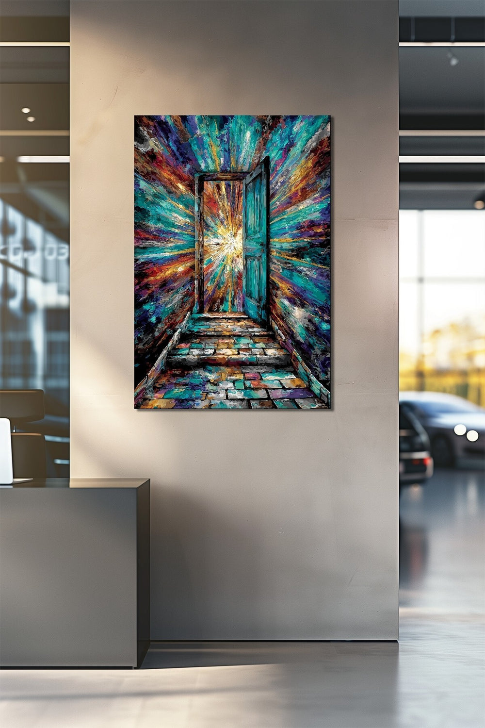 Renkli Kapı Soyut Sanat Baskılı Cam Tablo – Modern Dekoratif Duvar Tablosu