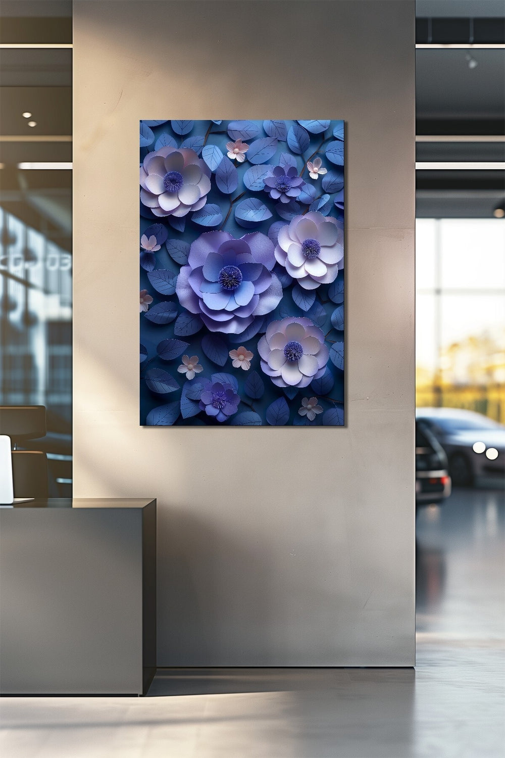 Çiçek Baskılı Cam Tablo – Mavi Mor Tonlu 3D Floral Dekoratif Duvar Tablosu