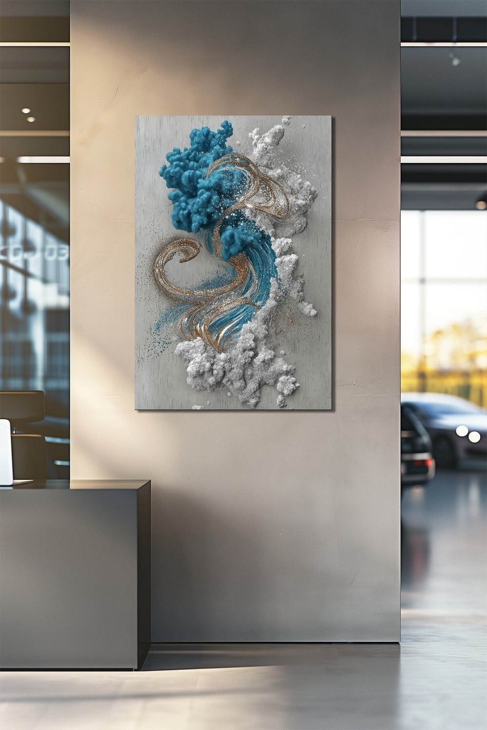 Soyut Dalga Formu Mavi Altın Desenli Baskılı Cam Tablo – Modern Sanat UV Baskı