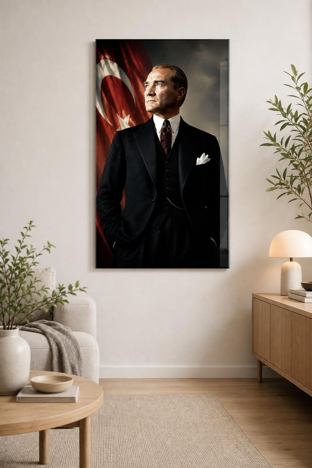 Atatürk Portre Baskılı Cam Tablo – Türk Bayrağı UV Baskı Dekoratif Duvar Tablosu