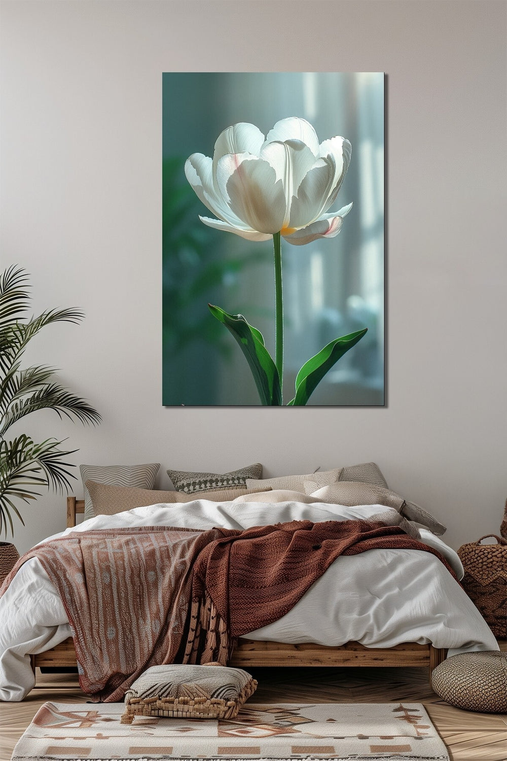 Beyaz Lale Baskılı Cam Tablo – Gün Işığı Efektli Minimal Çiçek Duvar Dekoru