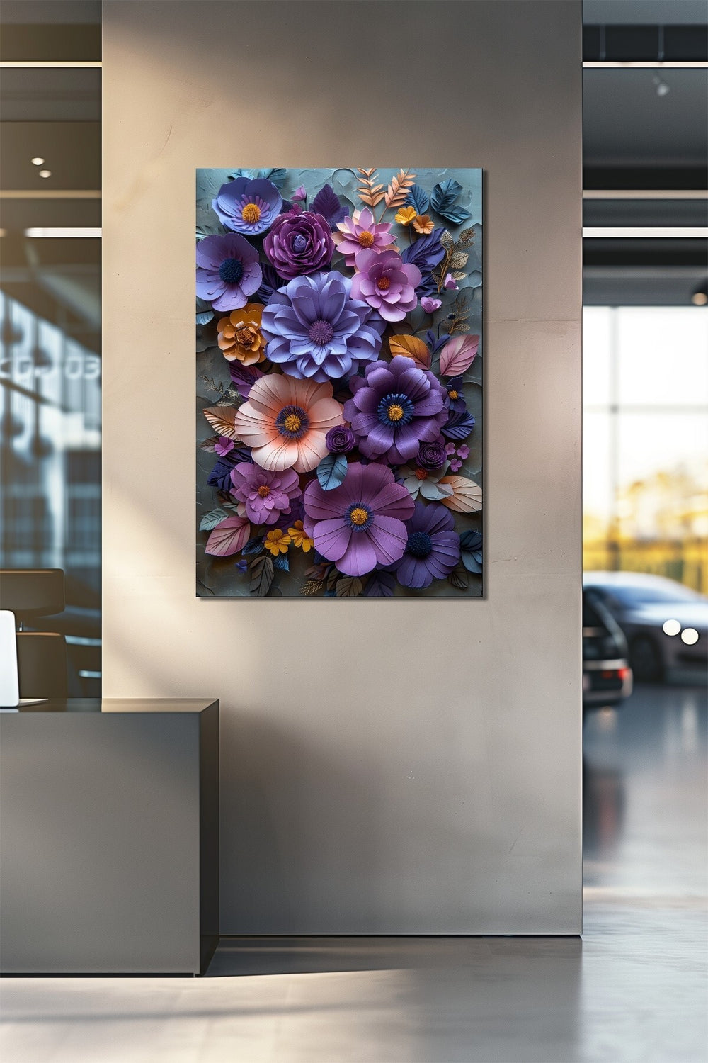 Çiçek Baskılı Cam Tablo – Renkli 3D Floral Tasarım Dekoratif Duvar Tablosu