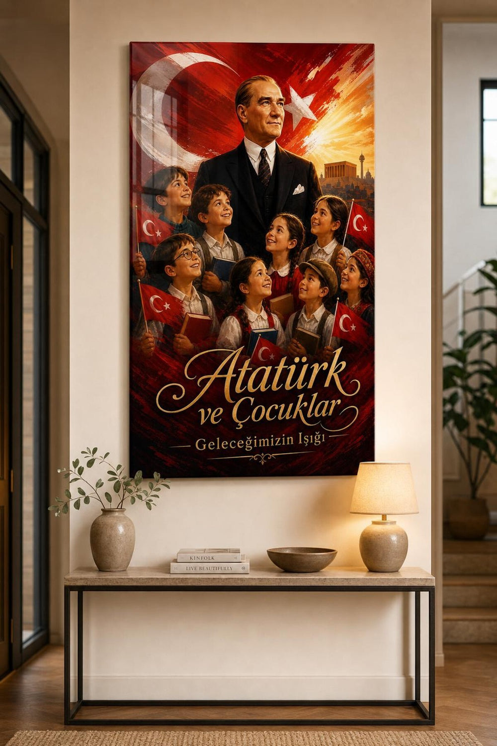 Atatürk ve Çocuklar Baskılı Cam Tablo – Türk Bayrağı UV Baskı Duvar Dekoru