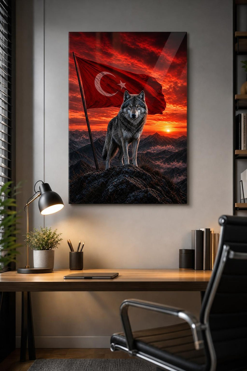 Türk Bayrağı ve Bozkurt Baskılı Cam Tablo – UV Baskı Dekoratif Duvar Tablosu
