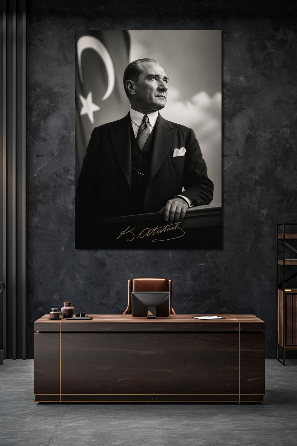 Atatürk İmzalı Türk Bayraklı Siyah Beyaz Cam Tablo – Prestij Serisi UV Baskı Duvar Dekoru