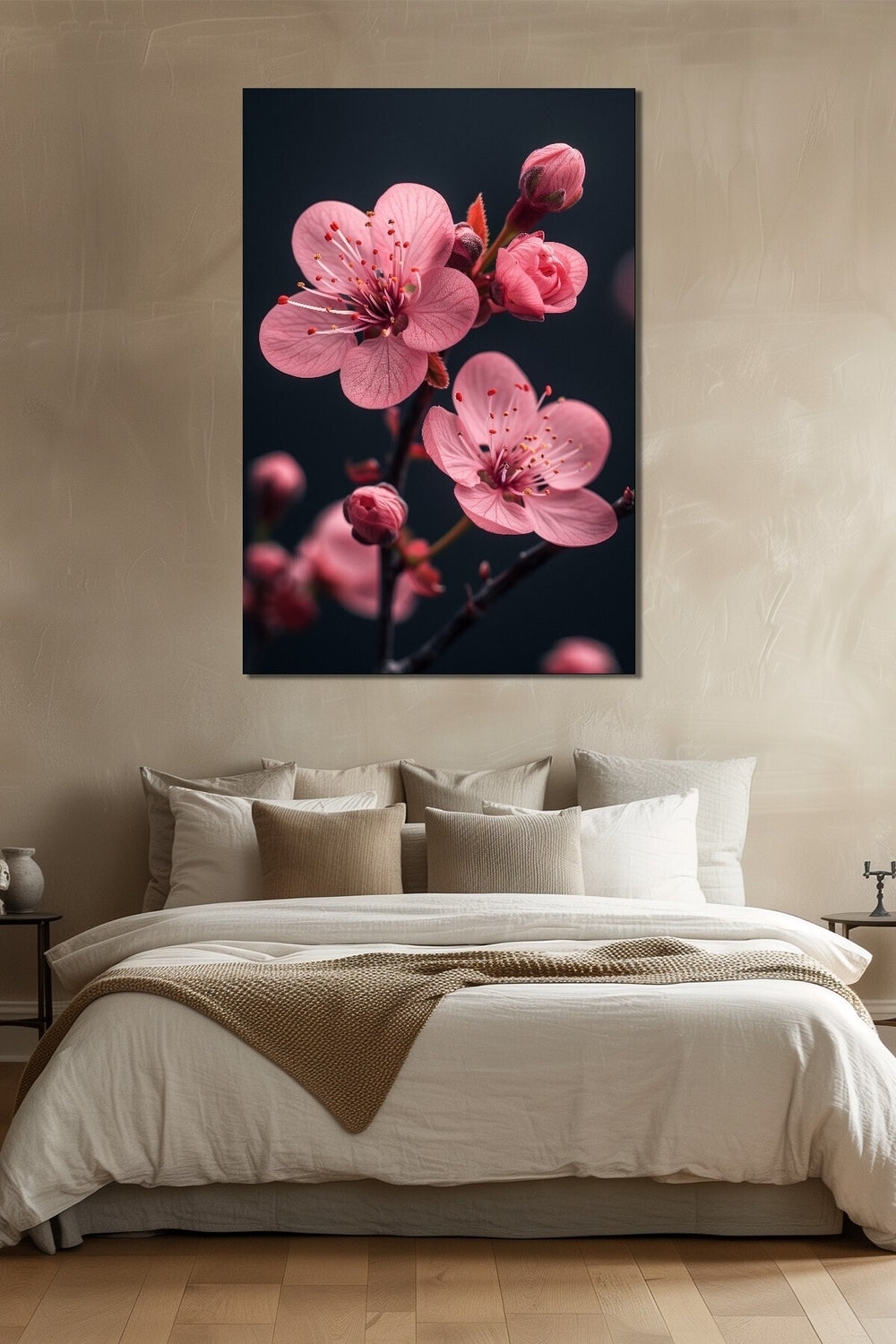 Pembe Çiçek Baskılı Cam Tablo – Minimal Sakura Dalı Dekoratif Duvar Tablosu